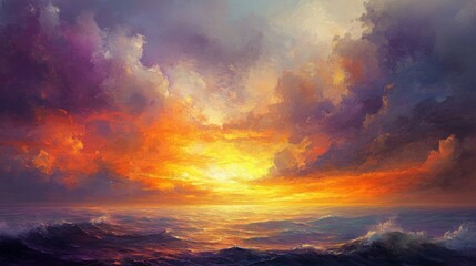Fototapeta premium Vibrant Sunset Over Ocean with Dramatic Clouds
