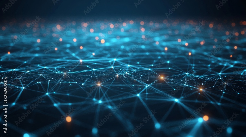 Poster abstract digital network connection: blue and orange glowing nodes and lines on dark background