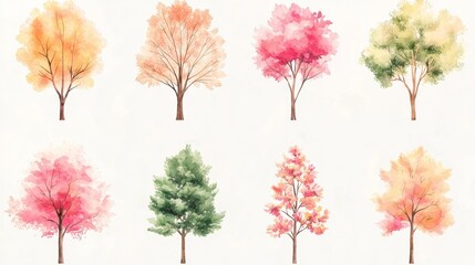 Watercolor inspired spring trees and flora
