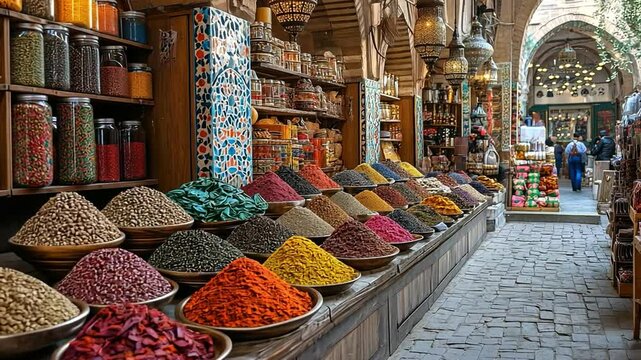 This Vibrant spices arranged in bowls attract shoppers in a lively bazaar during the afternoon.