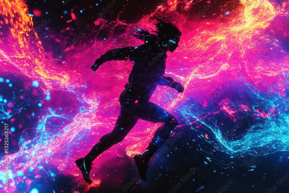Poster explosive neon splashes create a dynamic running silhouette in a cyberpunk atmosphere at dusk