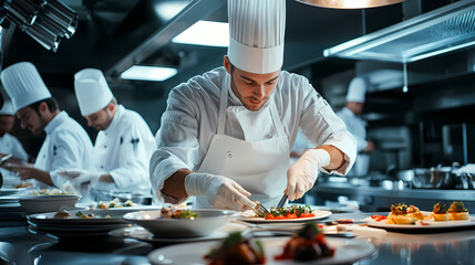 Culinary Precision: A professional chef expertly prepares a dish in a bustling restaurant kitchen, embodying culinary expertise and teamwork