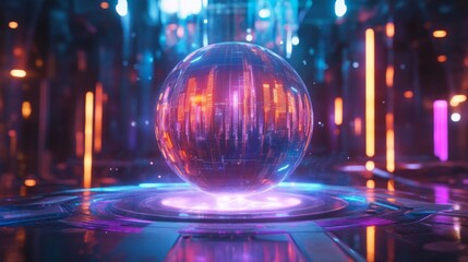 Futuristic City Hologram in Glowing Sphere