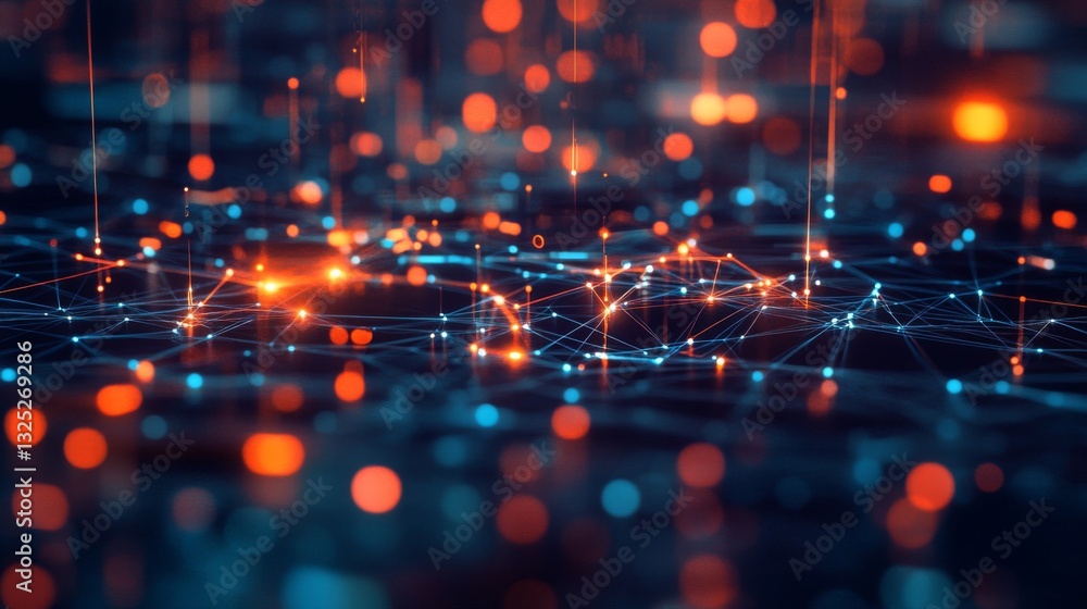 Aufkleber abstract data network visualization with glowing orange and blue particles
