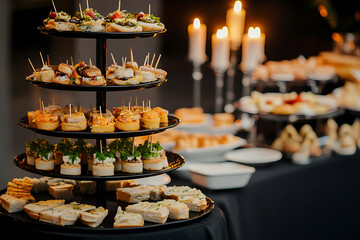 Appetizers Displayed Elegantly: A tiered platter and a spread of gourmet appetizers and finger foods sit gracefully on a dark table, softly illuminated by candlelight.