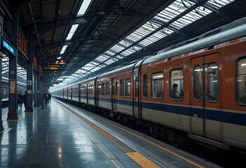 Fototapeta premium Modern Train at Urban Railway Station – Transportation and Travel Concept