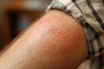 A person with a red irritated patch on their arm is the main focus of this image.