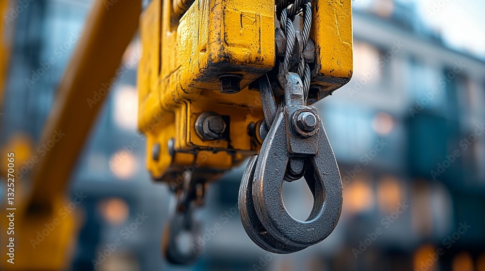 Poster close-up of rusty crane hook and chain mechanism.