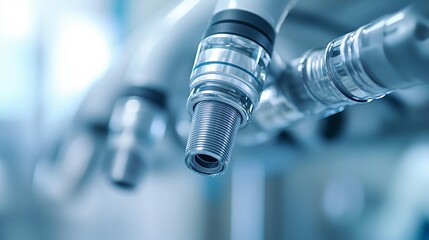 Close-up of robotic arm's metallic end effector, showcasing intricate details and precision engineering in a modern industrial setting.