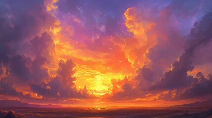 Fototapeta premium Fiery Sunset Landscape with Vibrant Orange and Purple Clouds