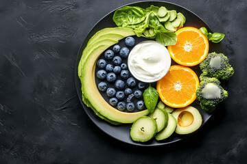 Nutrient-Rich Plate: An artistic and healthy plate of fresh fruits, berries, vegetables, and creamy yogurt, inviting a journey of taste and well-being.