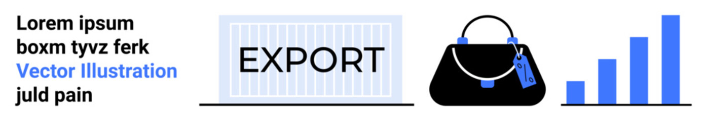 Shipping container labeled export, handbag with tag, and upward bar graph highlight commerce and trade growth. Ideal for business, export, logistics, trade, economy, retail flat landing page banner