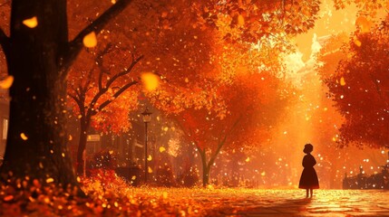 Naklejka premium Girl Silhouetted in Autumn Park at Sunset