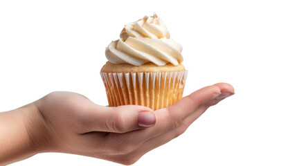 Hand holding delicious cupcake with cream swirl on transparent background