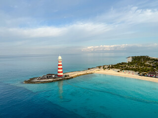 An aerial view of the lighthouse and beach of MSC Cruise Lines private island.