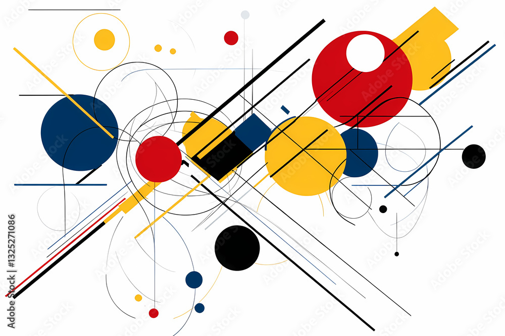 Poster geometric abstraction: a dynamic composition of lines, circles, and various geometric shapes in vibr