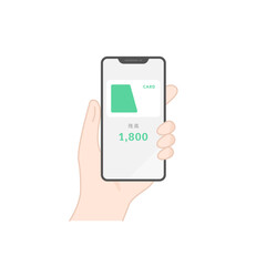 手に持ったスマホに表示された交通系ICカードアプリのベクターアイコン(フラットデザイン)