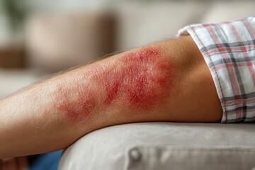 A close-up of a person's arm showing a skin irritation or rash. The affected area appears red and inflamed with visible bumps and irritation.