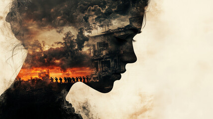 Silhouette of a woman with war memories in double exposure with copy space PTSD awareness month June