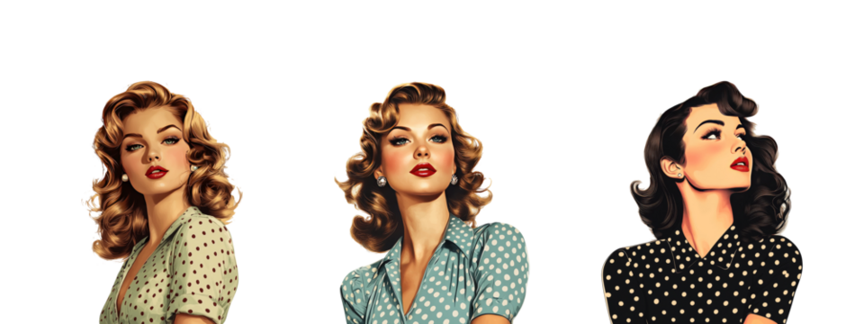 Vintage Glamour Women in Polka Dot Dresses with Elegant Hairstyles