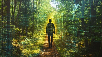 Fototapeta premium silhouette figure walking amidst digital forest grid connecting nature with technology
