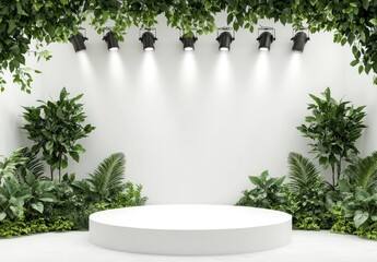 White pedestal surrounded by greenery & spotlights.