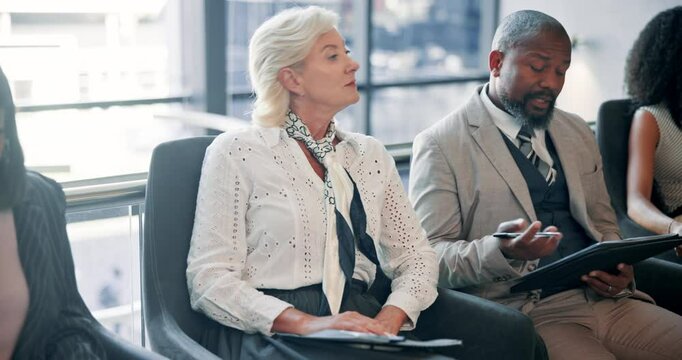 Business, people and talk in waiting room for interview survey, agreement and legal information. Woman, helping and paperwork with recruitment process, hiring application and help for job opportunity - Powered by Adobe