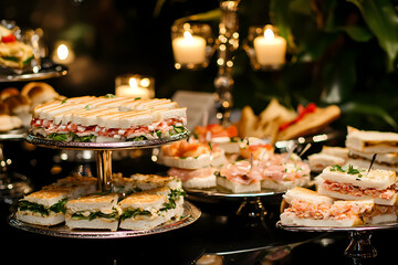 Elegant Appetizers Display: A delectable array of appetizers artfully arranged on tiered platters, illuminated by the soft glow of candles, inviting indulgence and celebration. 