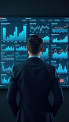 Fototapeta premium Business Professional Analyzing Data Visualization Dashboard on Large Screen. Excellent for business consulting websites, data analytics service marketing, corporate presentations 