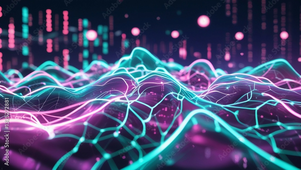 Poster A high-tech AI-inspired background with glowing neon waves representing an artificial intelligence neural network.