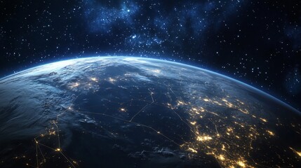 Obraz premium Earth at Night Viewed from Space: Blue Planet with City Lights and Stars