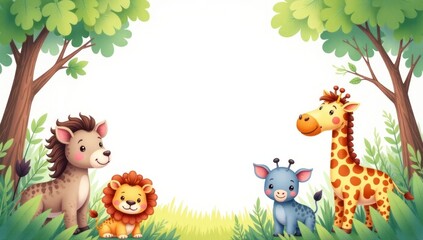 Cute Cartoon Safari Jungle Animals Family Frame with Blank Space. Excellent for children's books, educational materials, kids' party invitations, children's product packaging