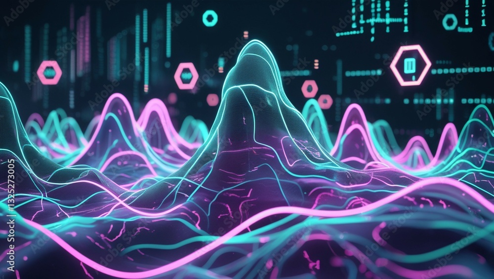 Poster A high-tech AI-inspired background with glowing neon waves representing an artificial intelligence neural network.