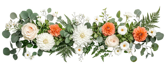 Png of A vibrant floral arrangement featuring soft peach, white, and green hues on transparent background.