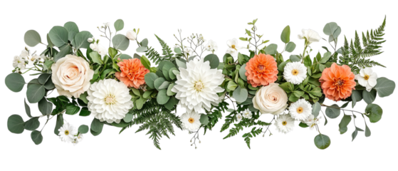 Png of A vibrant floral arrangement featuring soft peach, white, and green hues on transparent background.