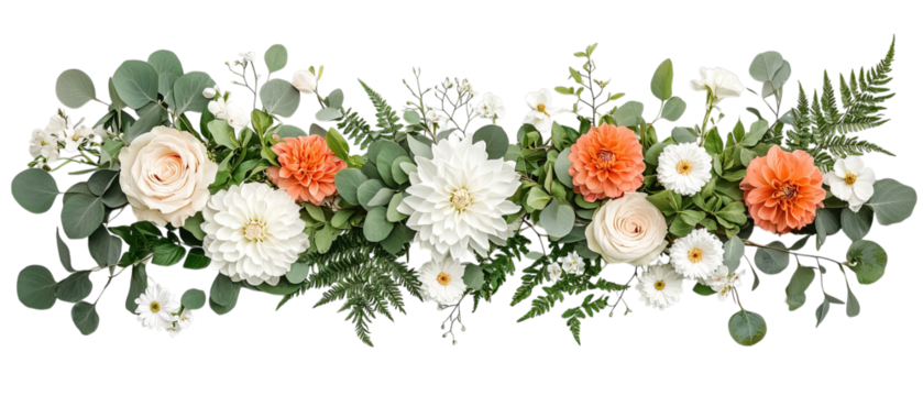 Png of A vibrant floral arrangement featuring soft peach, white, and green hues on transparent background.