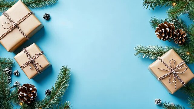 Festive gift arrangement with evergreen branches, pinecones, and brown wrapped presents on blue background