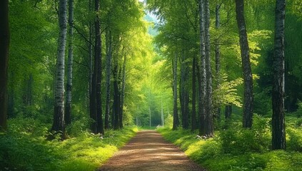 Fototapeta premium Serene Pathway through Lush Green Forest Surrounded by Tall Trees Highlighting Nature’s Beauty and Tranquility in a Sunlit Environment
