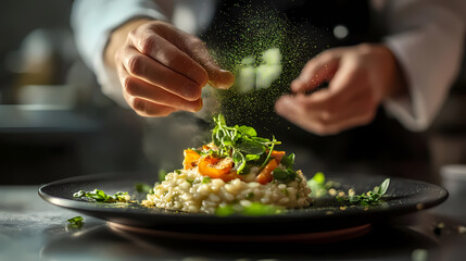 Culinary Artistry: A skilled chef meticulously adds a delicate garnish to an exquisitely plated dish, showcasing culinary finesse and passion for food presentation.