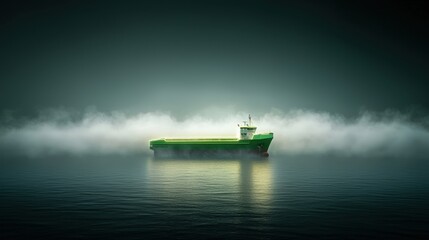 Obraz premium Green Cargo Ship in Misty Waters with Dreamy Atmosphere