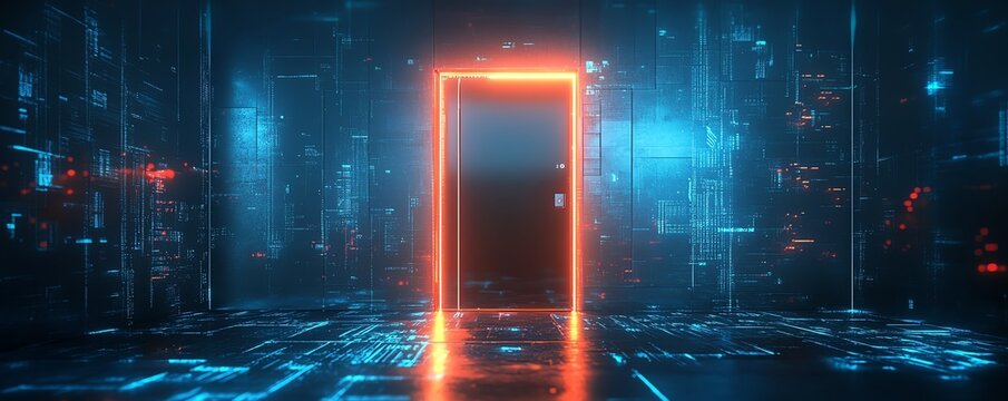 Smart apartment door with an advanced retinal scan digital lock, IoT security encryption glowing, hightech design, ultraHD, cinematic lighting, scifi aesthetics