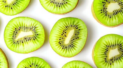 Fototapeta premium Macro shot of backlit kiwi fruit slices on white