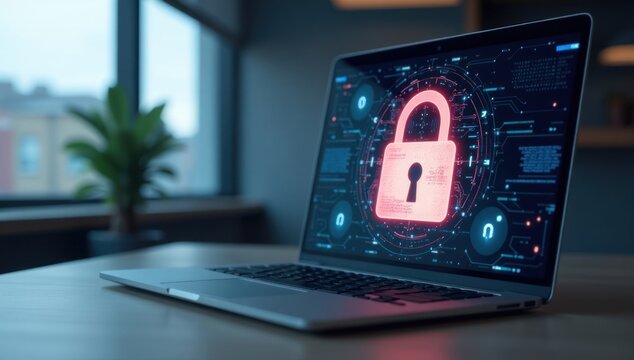 Laptop Screen Displaying a Digital Padlock for Cybersecurity. Excellent for data protection themes, IT security training materials, technology blogs covering online safety