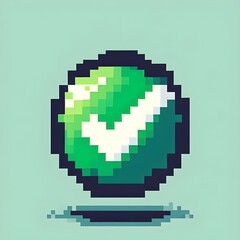 Obraz premium Pixelated green tick in retro 8-bit style, classic video game interface element, nostalgic digital design.