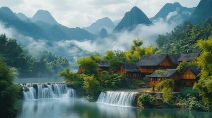Fototapeta premium idyllic riverside dwelling nestled in the verdant mountains of guangxi under a misty sky