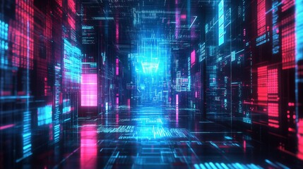 Fototapeta premium Abstract Cyberpunk Digital Space with Glowing Neon Lines and Data Structures