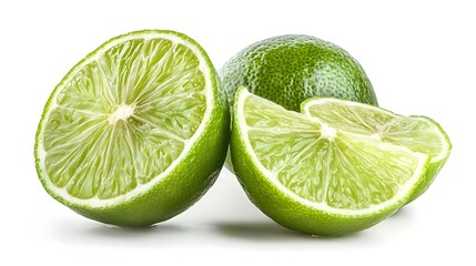 Green lime with cut in half and slices isolated