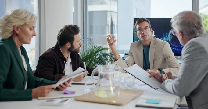 Business people, planning and presentation for meeting, project paperwork and collaboration. Investor, executive director and mature financial manager with budget report, teamwork or global trade