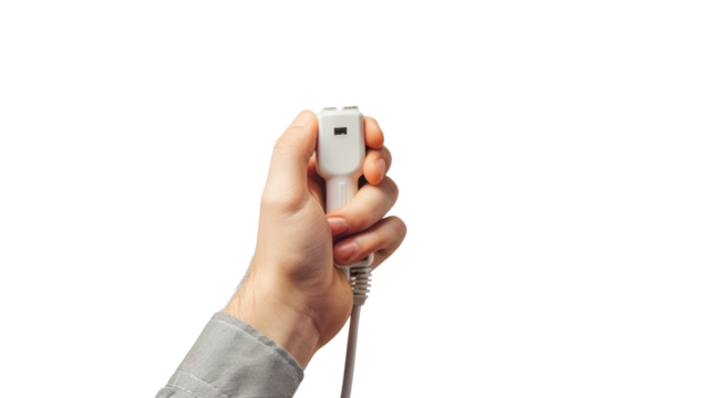 Hand holding wireless controller on transparent background