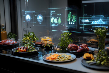 Culinary Innovation: A Futuristic Kitchen Displaying a Variety of Gourmet Dishes and Innovative Technology